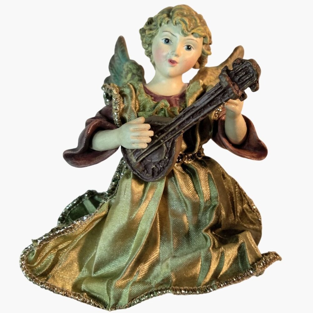 Angel Cherub Figurine  Harp In Green Gold Brocade Dress Craft Flora Accent